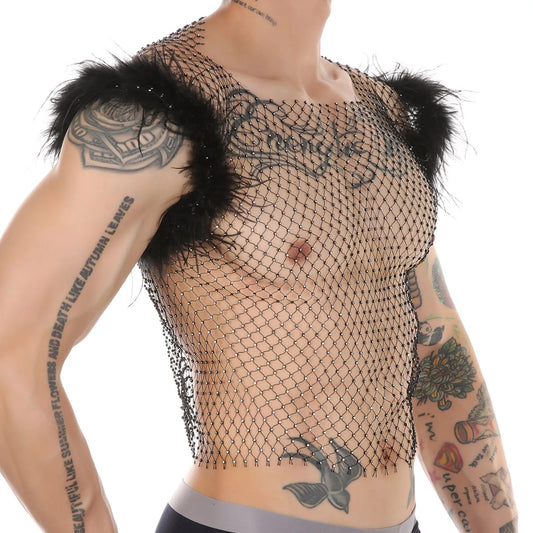 a sexy man in black Cherub Wing Feather Mesh Tank - pridevoyageshop.com - gay men’s harness, lingerie and fetish wear