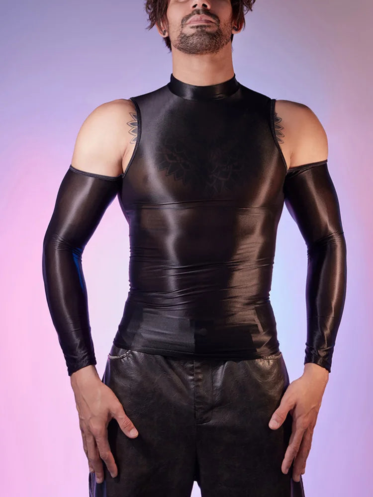 a sexy man in black Cold-Shoulder Servo Liquid Metal Top - pridevoyageshop.com - gay men’s harness, lingerie and fetish wear