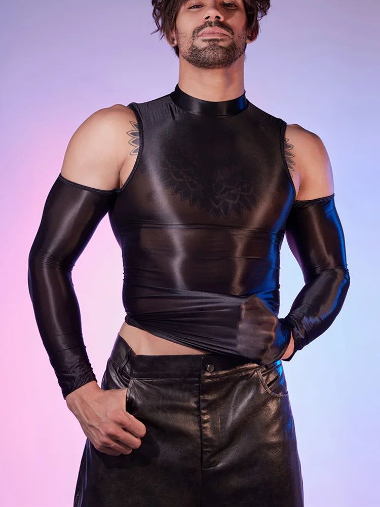 a sexy man in black Cold-Shoulder Servo Liquid Metal Top - pridevoyageshop.com - gay men’s harness, lingerie and fetish wear