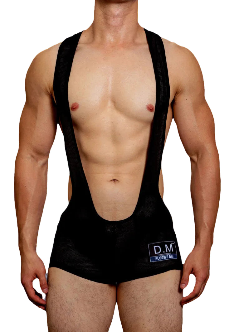 a sexy man in black DM Men’s Powerline Y-Back Mesh Singlet – pridevoyageshop.com – gay men’s harness, lingerie and fetish wear