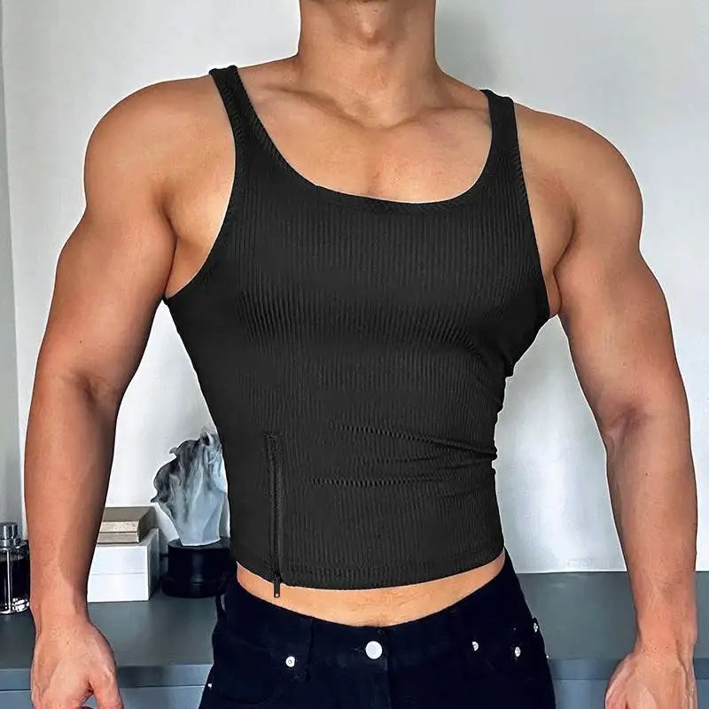 a sexy man in black Easy Out Zip Rib Crop Top - pridevoyageshop.com - gay men’s harness, lingerie and fetish wear