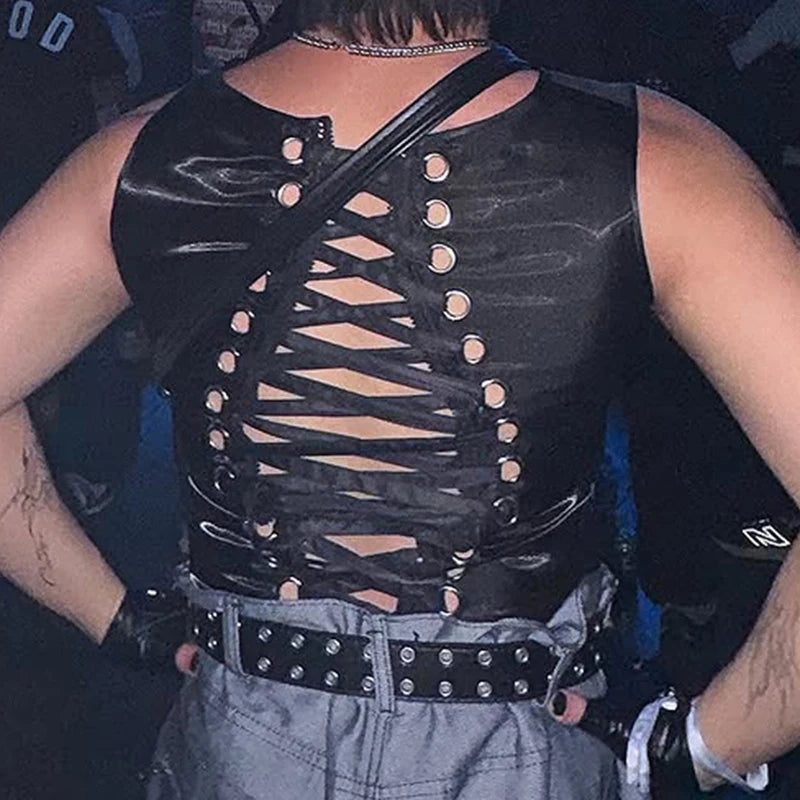 a sexy man in black Follow Me Home Lace-Up Club Vest – pridevoyageshop.com – gay men’s harness, lingerie and fetish wear