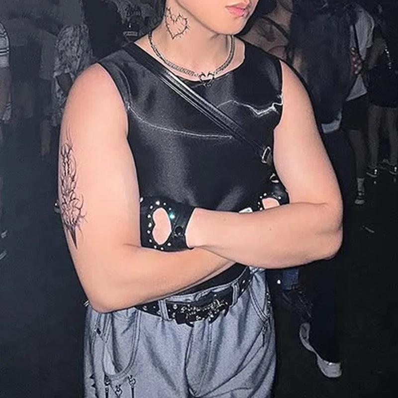 a sexy man in black Follow Me Home Lace-Up Club Vest – pridevoyageshop.com – gay men’s harness, lingerie and fetish wear