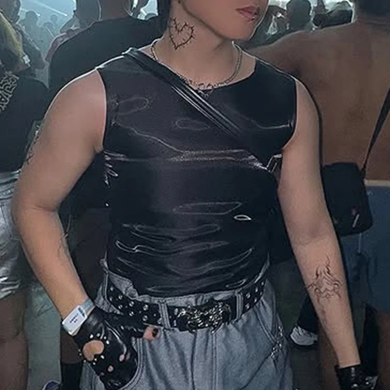 a sexy man in black Follow Me Home Lace-Up Club Vest – pridevoyageshop.com – gay men’s harness, lingerie and fetish wear