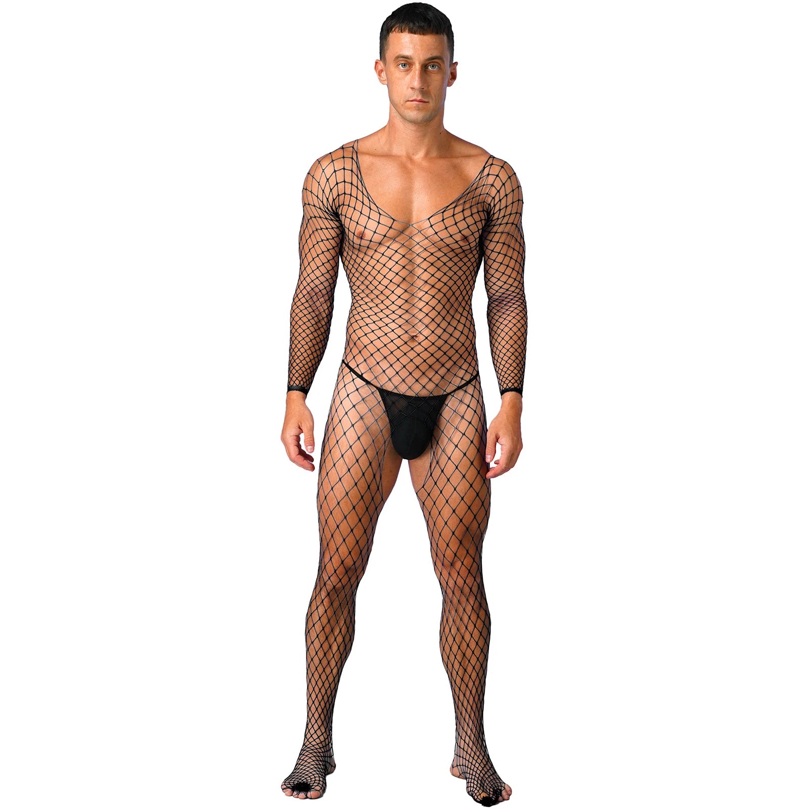 a sexy man in black Full Serve Net Bodystocking - pridevoyageshop.com - gay men’s harness, lingerie and fetish wear