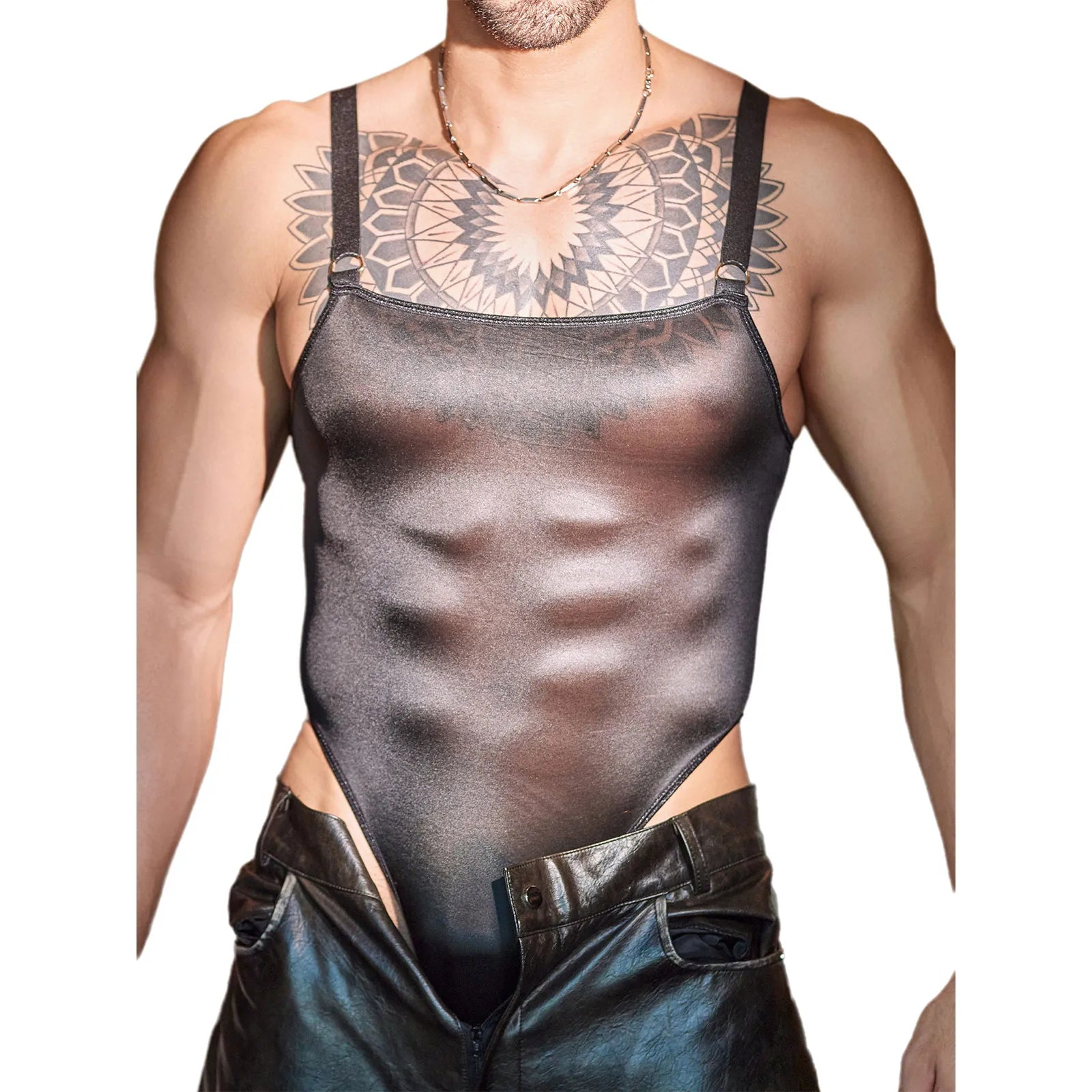 a sexy man in black Glaze Satin Square-Neck Bodysuit – pridevoyageshop.com – gay men’s harness, lingerie and fetish wear