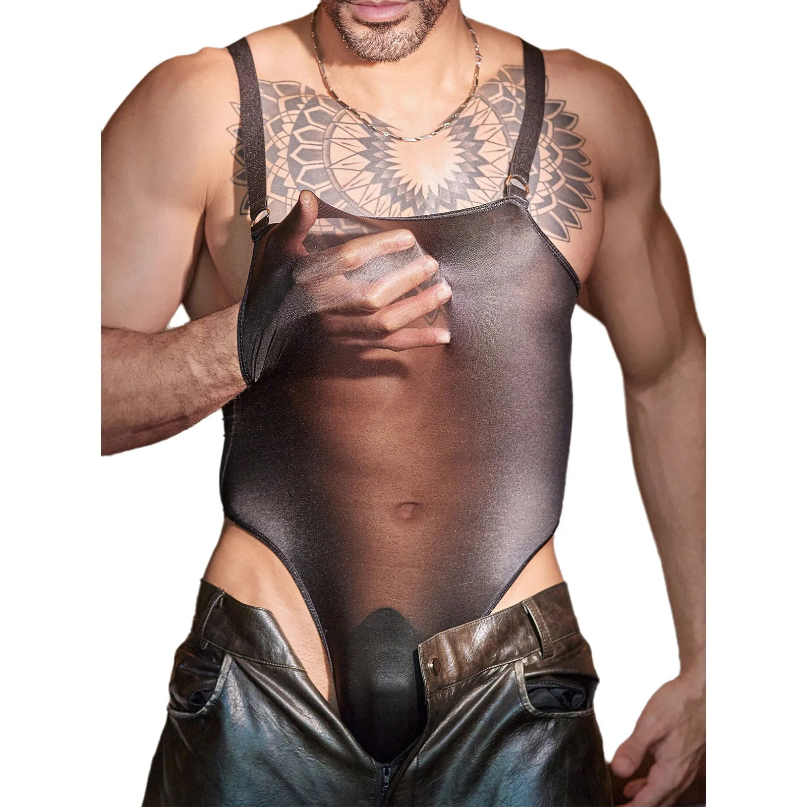 a sexy man in black Glaze Satin Square-Neck Bodysuit – pridevoyageshop.com – gay men’s harness, lingerie and fetish wear