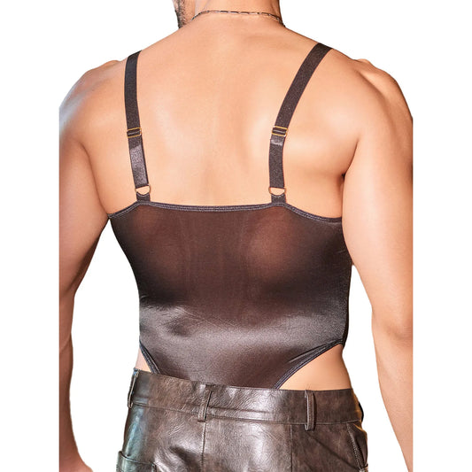 a sexy man in black Glaze Satin Square-Neck Bodysuit – pridevoyageshop.com – gay men’s harness, lingerie and fetish wear