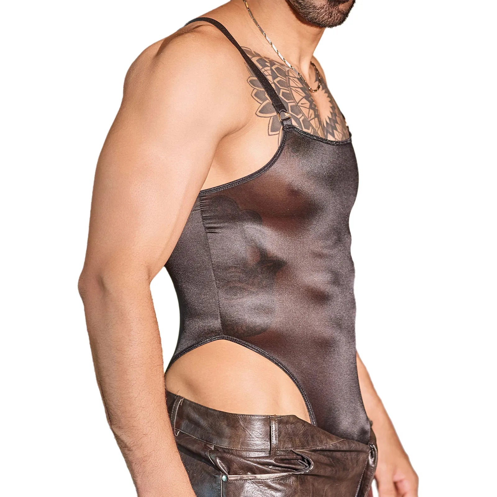 a sexy man in black Glaze Satin Square-Neck Bodysuit – pridevoyageshop.com – gay men’s harness, lingerie and fetish wear