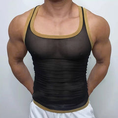 a sexy man in black Gogo Glaze Mesh Top – pridevoyageshopcom – gay mens clubwear mesh tanks crop tops fashion tops partywear activewear