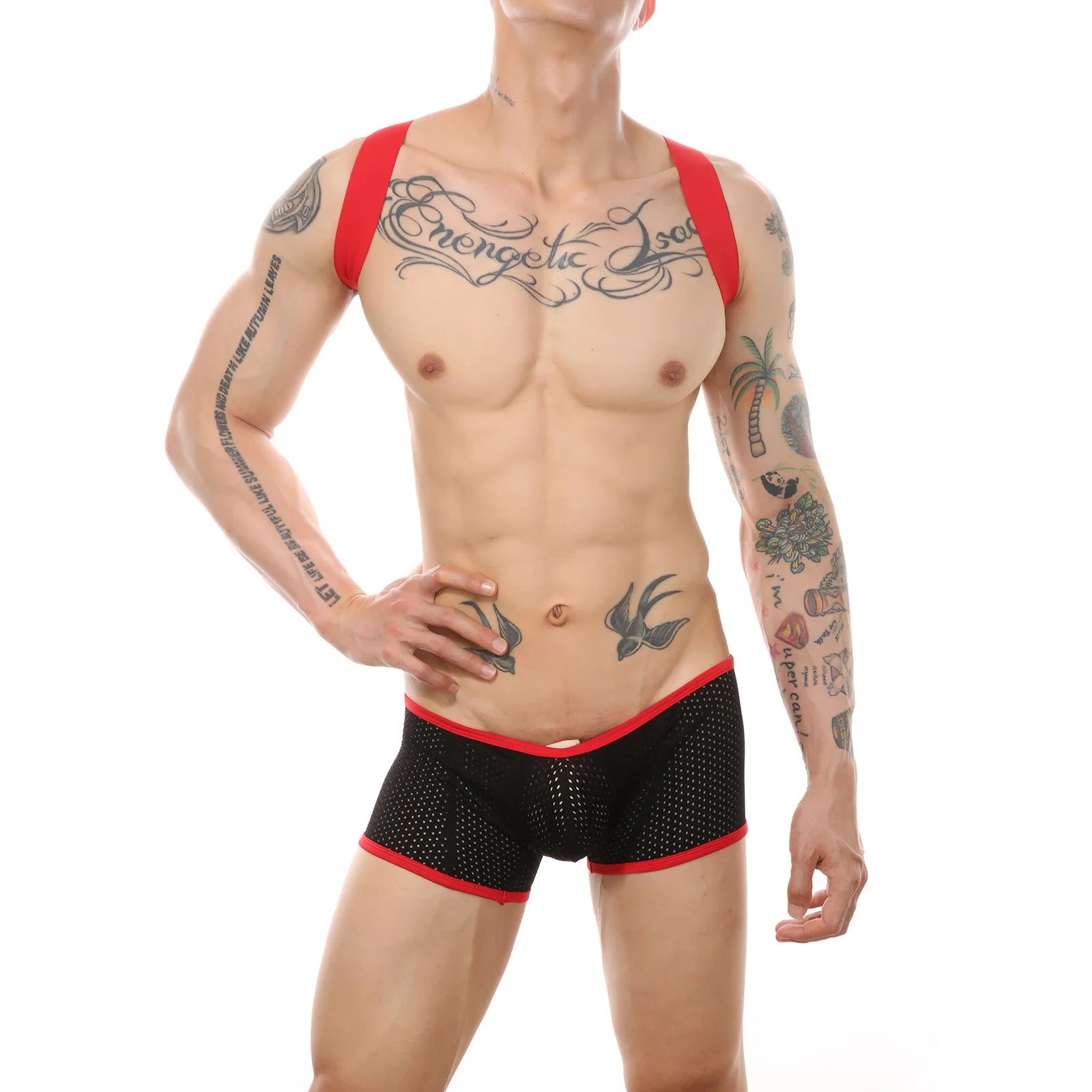 a sexy man in black Hookup Mesh Harness Singlet – pridevoyageshop.com – gay men’s harness, lingerie and fetish wear