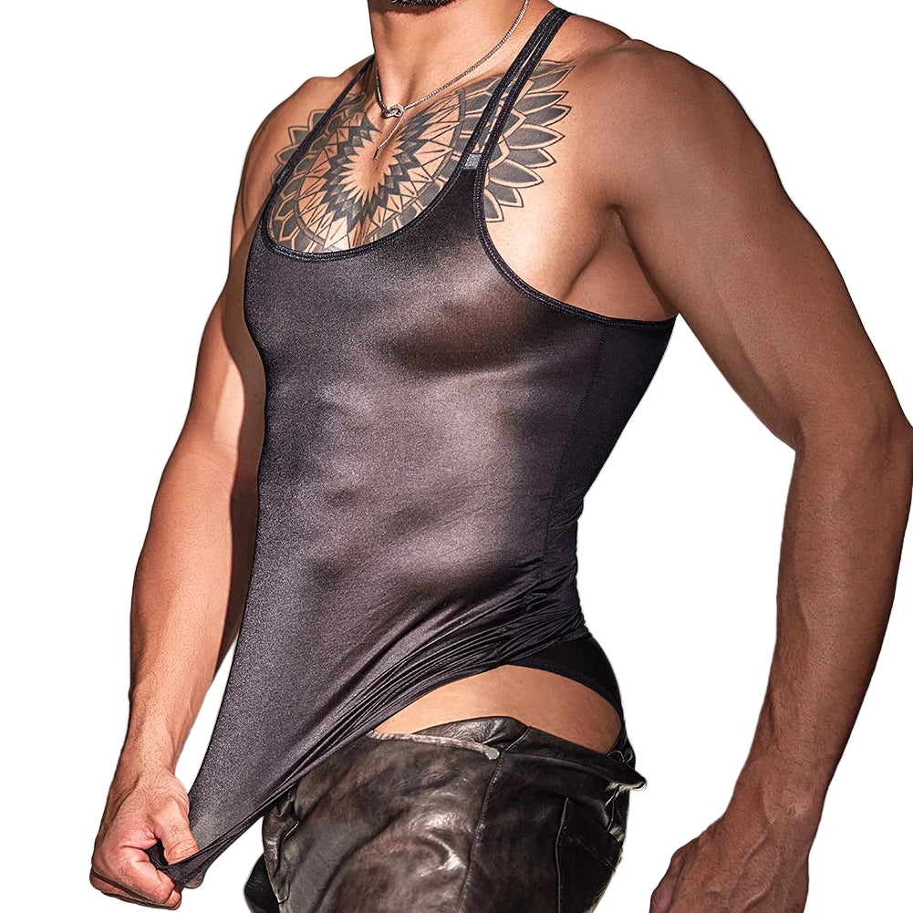 a sexy man in black Hotel Lobby Lingerie Glossy Tank - pridevoyageshop.com - gay men’s harness, lingerie and fetish wear