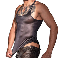 a sexy man in black Hotel Lobby Lingerie Glossy Tank - pridevoyageshop.com - gay men’s harness, lingerie and fetish wear