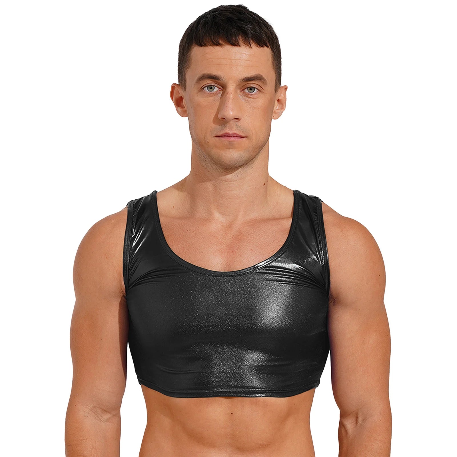 a sexy man in black Liquid Mercury Micro Metallic Vest - pridevoyageshop.com - gay men’s harness, lingerie and fetish wear