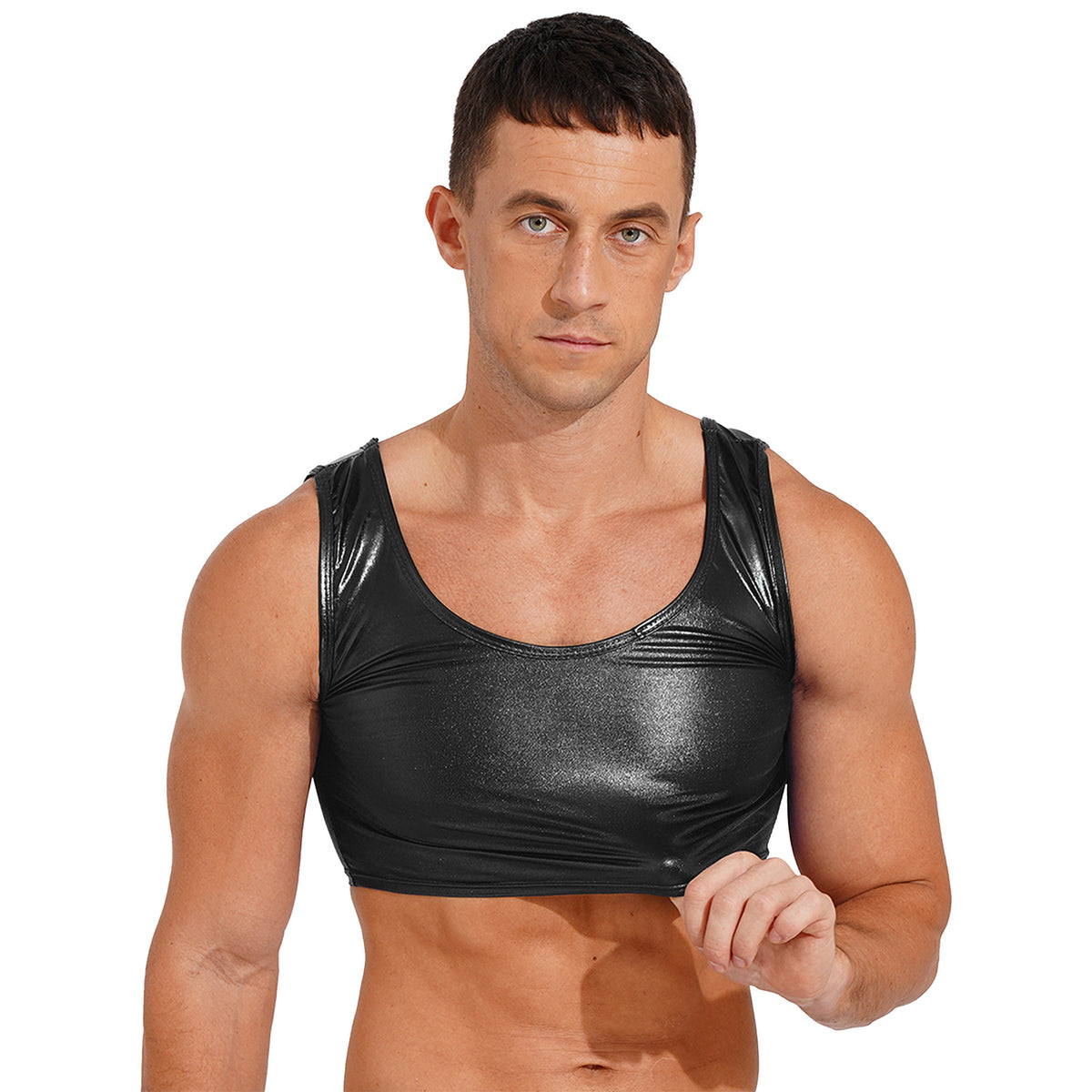 a sexy man in black Liquid Mercury Micro Metallic Vest - pridevoyageshop.com - gay men’s harness, lingerie and fetish wear