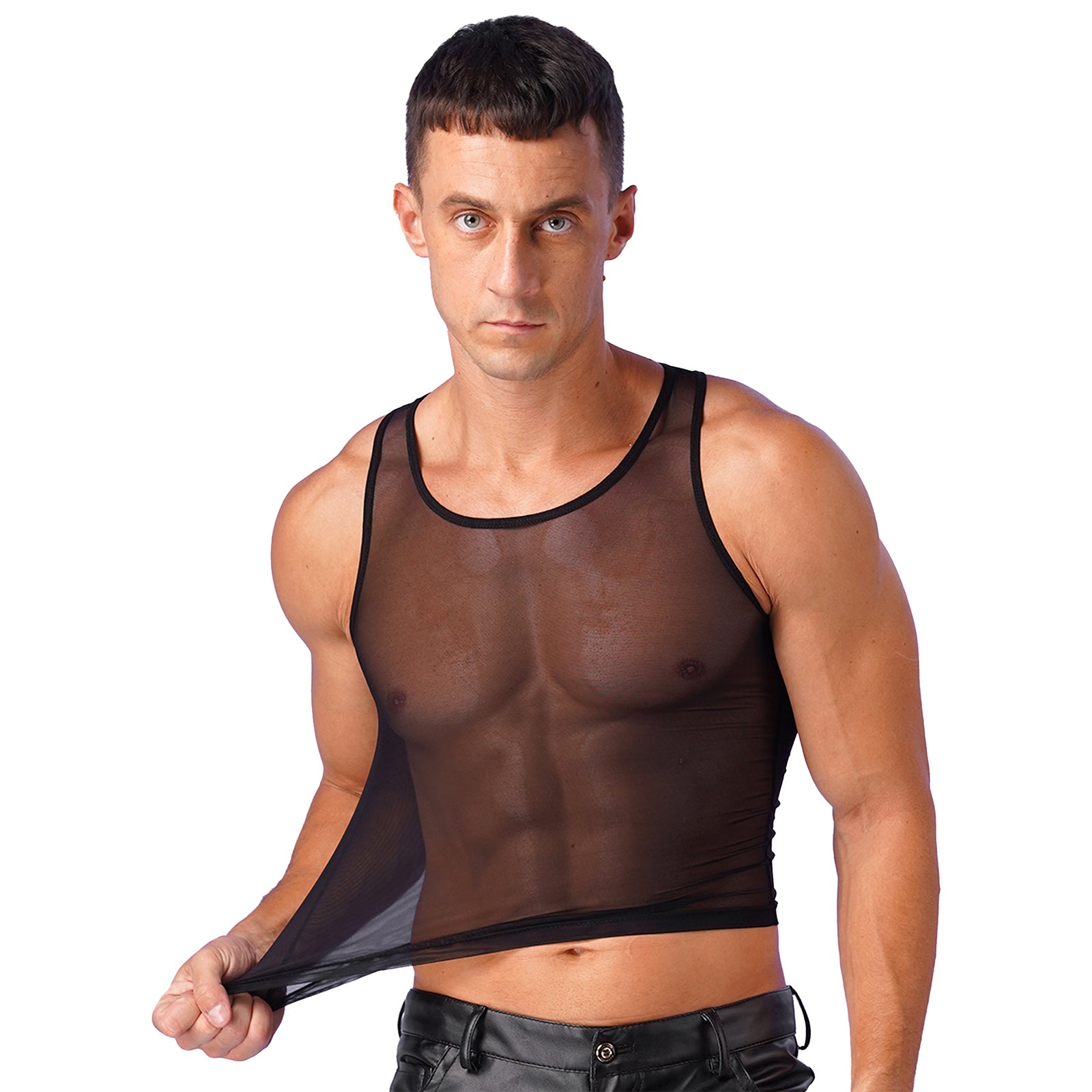 a sexy man in black Locker Room Mirage Sheer Crop Tank - pridevoyageshop.com - gay men’s harness, lingerie and fetish wear