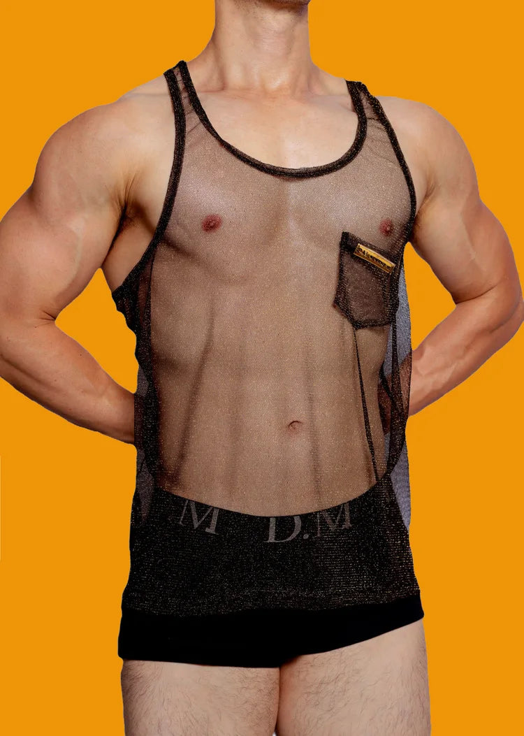 a sexy man in black Look Dont Touch Mesh Tank – pridevoyageshopcom – gay mens clubwear mesh tanks crop tops fashion tops partywear 