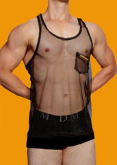 a sexy man in black Look Dont Touch Mesh Tank – pridevoyageshopcom – gay mens clubwear mesh tanks crop tops fashion tops partywear 