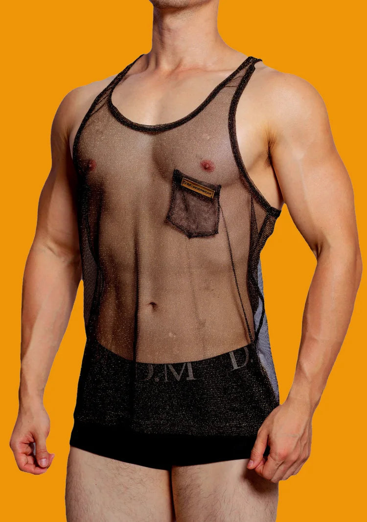 a sexy man in black Look Dont Touch Mesh Tank – pridevoyageshopcom – gay mens clubwear mesh tanks crop tops fashion tops partywear 