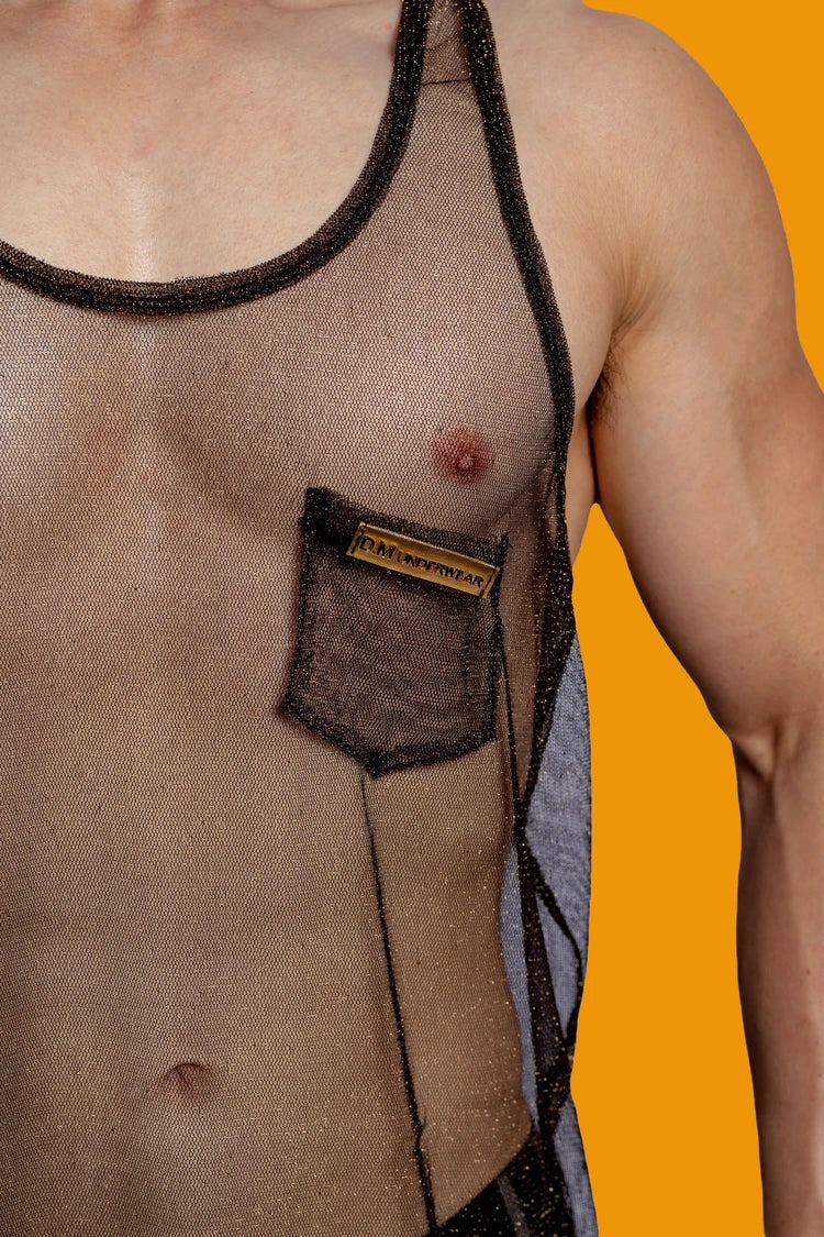 a sexy man in black Look Dont Touch Mesh Tank – pridevoyageshopcom – gay mens clubwear mesh tanks crop tops fashion tops partywear 