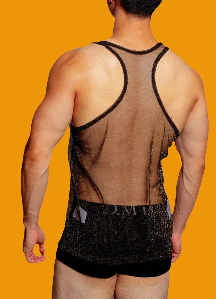 a sexy man in black Look Dont Touch Mesh Tank – pridevoyageshopcom – gay mens clubwear mesh tanks crop tops fashion tops partywear 