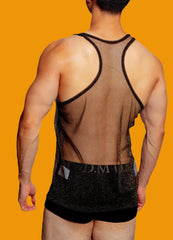 a sexy man in black Look Dont Touch Mesh Tank – pridevoyageshopcom – gay mens clubwear mesh tanks crop tops fashion tops partywear 
