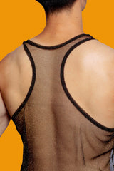a sexy man in black Look Dont Touch Mesh Tank – pridevoyageshopcom – gay mens clubwear mesh tanks crop tops fashion tops partywear 