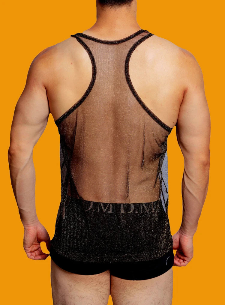 a sexy man in black Look Dont Touch Mesh Tank – pridevoyageshopcom – gay mens clubwear mesh tanks crop tops fashion tops partywear 