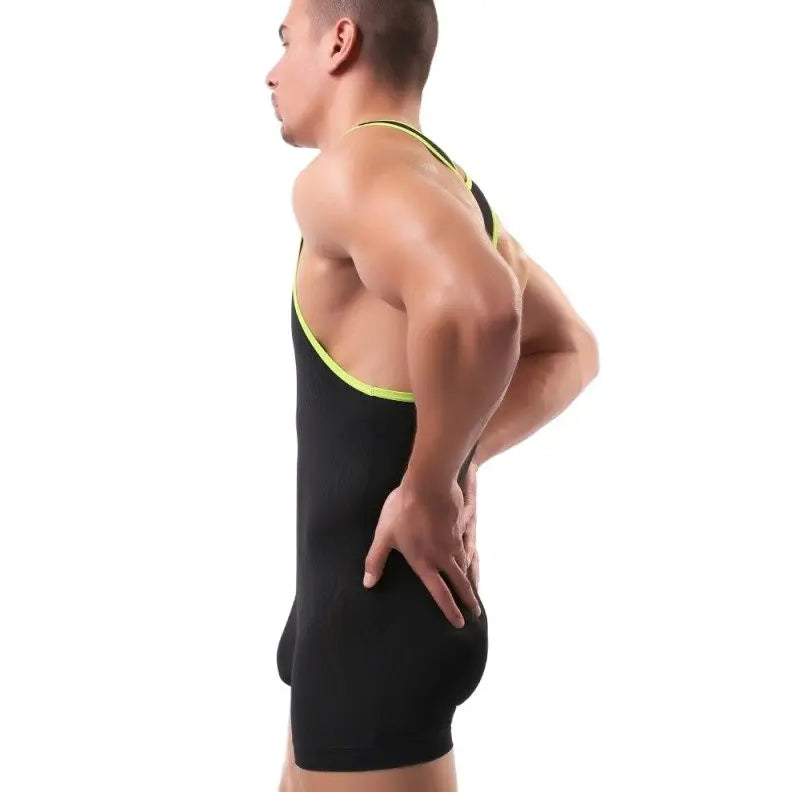 a sexy man in black Men’s Adrenaline Neon-Trim Wave Singlet – pridevoyageshop.com – gay men’s harness, lingerie and fetish wear