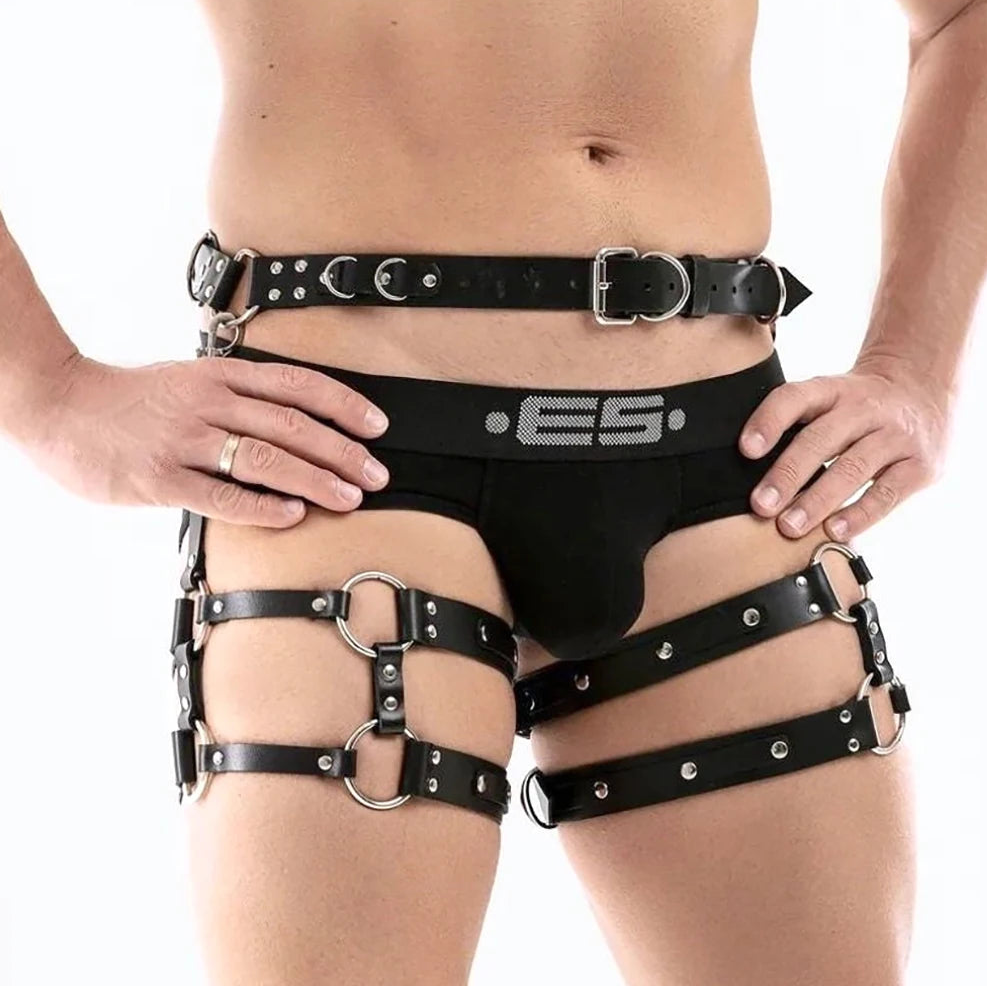 a sexy man in black Men’s Assignment Garter Harness – pridevoyageshop.com – gay men’s harness, lingerie and fetish wear
