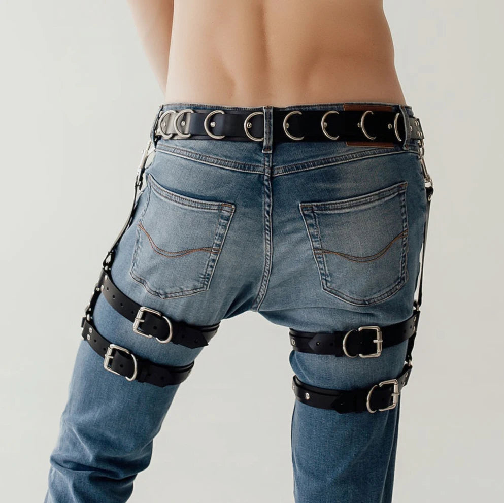 a sexy man in black Men’s Assignment Garter Harness – pridevoyageshop.com – gay men’s harness, lingerie and fetish wear