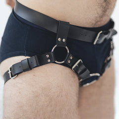 a sexy man in black Men’s Axis Jock Harness – pridevoyageshop.com – gay men’s harness, lingerie and fetish wear