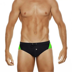 a sexy man in black Men’s Backdoor Varsity Swim Briefs - pridevoyageshop.com - gay men’s sexy swim briefs, trunks, board shorts, and bikinis