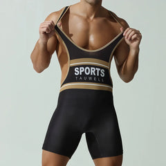 a sexy man in black Men’s Championship Chest-Band Singlet – pridevoyageshop.com – gay men’s harness, lingerie and fetish wear
