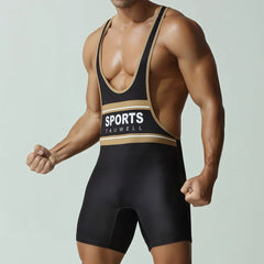 a sexy man in black Men’s Championship Chest-Band Singlet – pridevoyageshop.com – gay men’s harness, lingerie and fetish wear