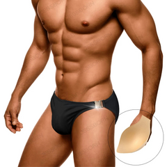 a sexy man in black Men’s Climax Buckle Bulge Swim Briefs with pad- pridevoyageshop.com - gay men’s sexy swim briefs, trunks, board shorts, and bikinis