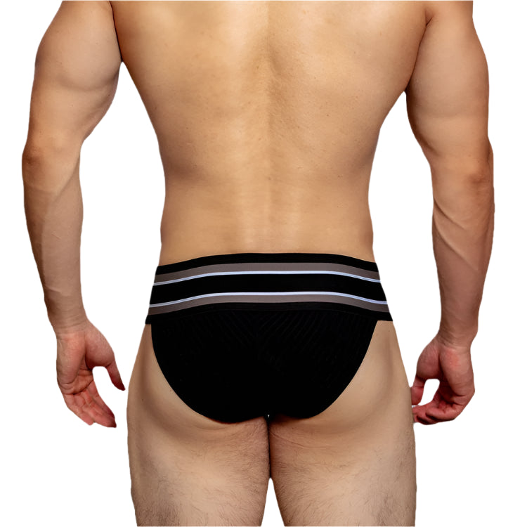 a sexy man in black Men’s D.M. Label Stripe Jock Briefs - pridevoyageshop.com - gay men’s thongs, boxers, briefs and jockstraps