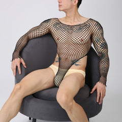 a sexy man in black Men’s Ensnare Fishnet Thong Bodysuit – pridevoyageshop.com – gay men’s harness, lingerie and fetish wear