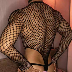 a sexy man in black Men’s Ensnare Fishnet Thong Bodysuit – pridevoyageshop.com – gay men’s harness, lingerie and fetish wear