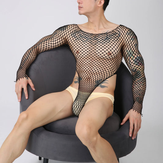 a sexy man in black Men’s Ensnare Fishnet Thong Bodysuit – pridevoyageshop.com – gay men’s harness, lingerie and fetish wear