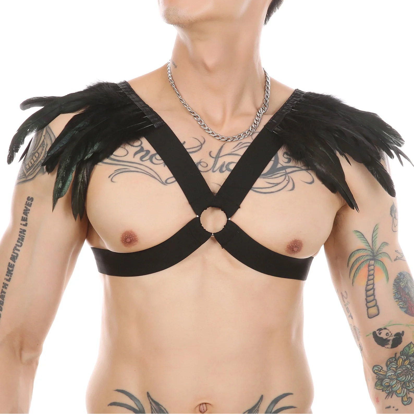 a sexy man in black Men’s Fallen Diva Feather Epaulet Harness – pridevoyageshop.com – gay men’s harness, lingerie and fetish wear
