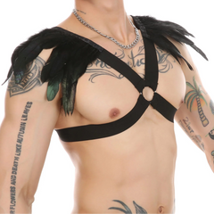 a sexy man in black Men’s Fallen Diva Feather Epaulet Harness – pridevoyageshop.com – gay men’s harness, lingerie and fetish wear