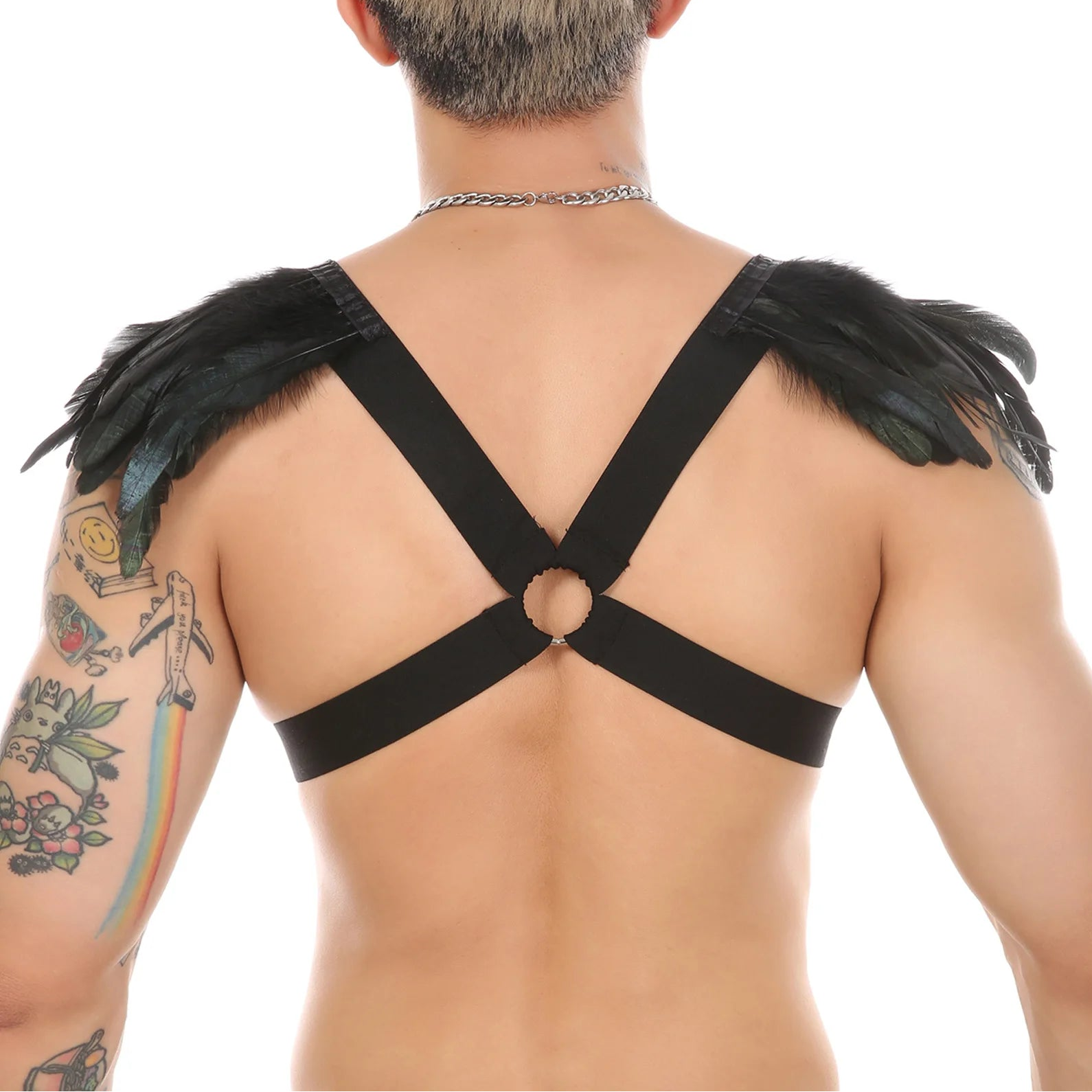 a sexy man in black Men’s Fallen Diva Feather Epaulet Harness – pridevoyageshop.com – gay men’s harness, lingerie and fetish wear