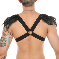 a sexy man in black Men’s Fallen Diva Feather Epaulet Harness – pridevoyageshop.com – gay men’s harness, lingerie and fetish wear