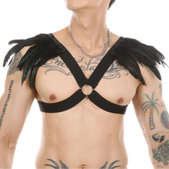 a sexy man in black Men’s Fallen Diva Feather Epaulet Harness – pridevoyageshop.com – gay men’s harness, lingerie and fetish wear
