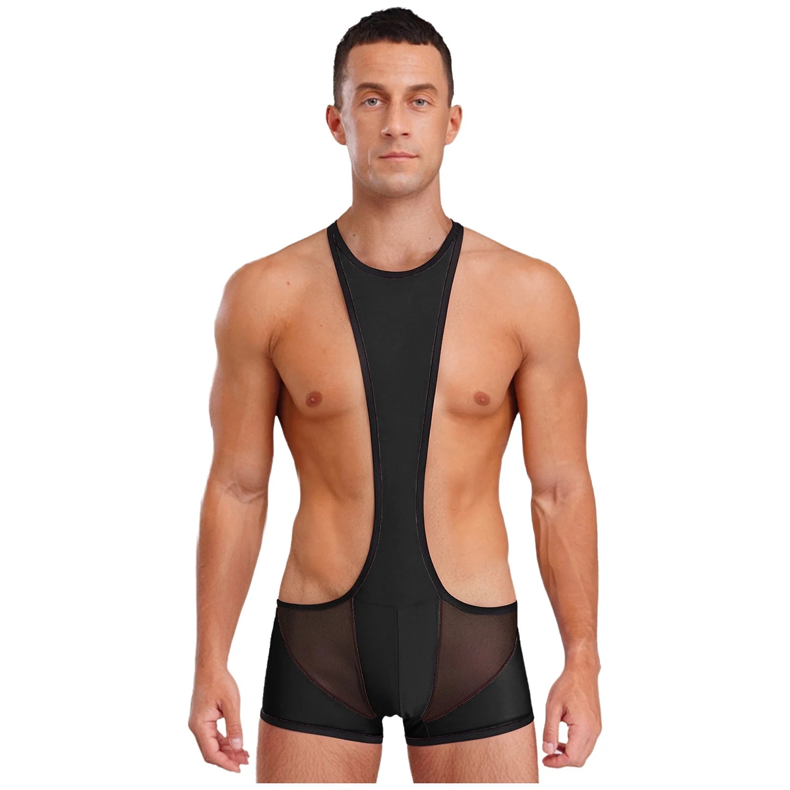a sexy man in black Men’s Glimpse Cutout Mesh Singlet – pridevoyageshop.com – gay men’s harness, lingerie and fetish wear