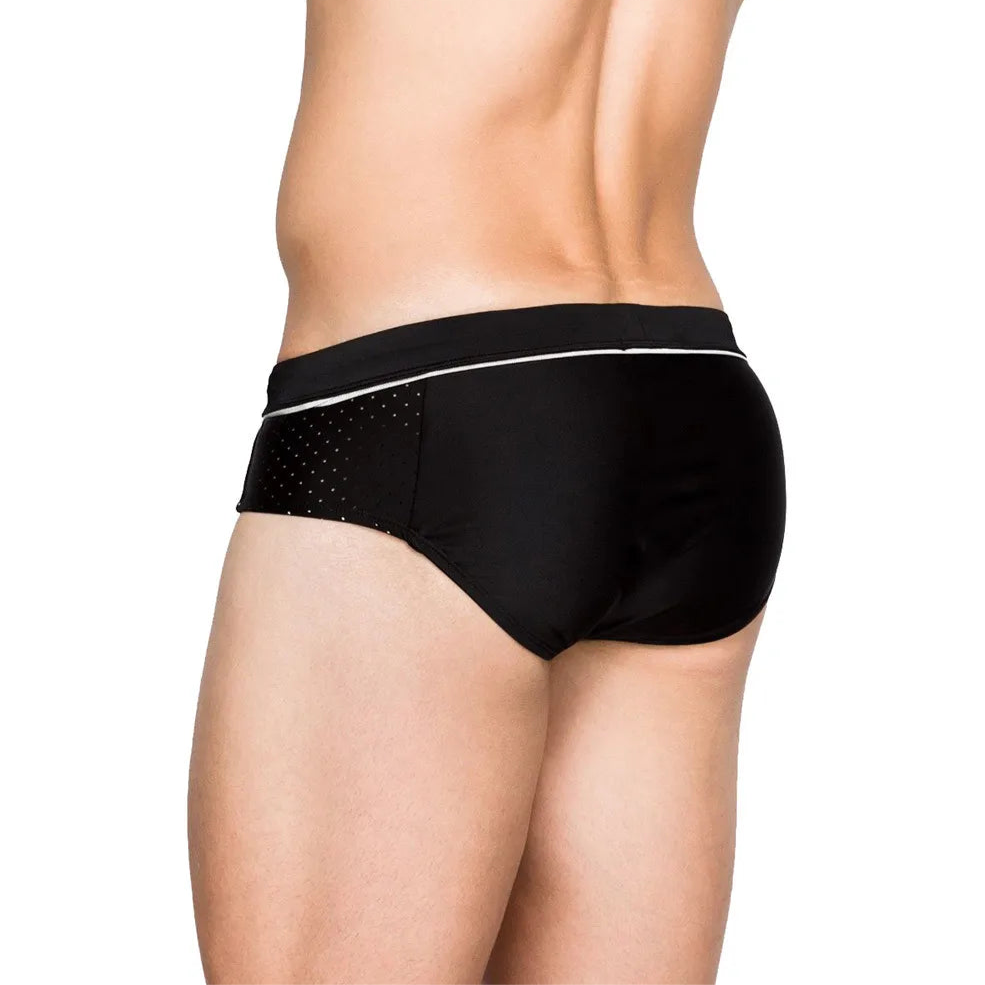 a sexy man in black Men’s Hole Patrol Side Mesh Swim Briefs - pridevoyageshop.com - gay men’s sexy swim briefs, trunks, board shorts, and bikinis