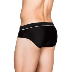a sexy man in black Men’s Hole Patrol Side Mesh Swim Briefs - pridevoyageshop.com - gay men’s sexy swim briefs, trunks, board shorts, and bikinis