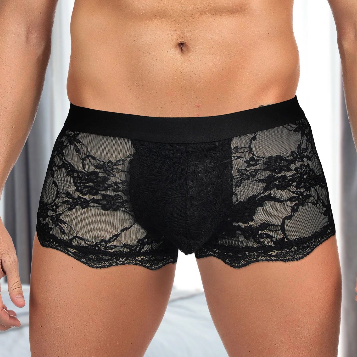 a sexy man in black Men’s Kinked Up Floral Lace Boxers - pridevoyageshop.com - gay men’s thongs, boxers, briefs and jockstraps