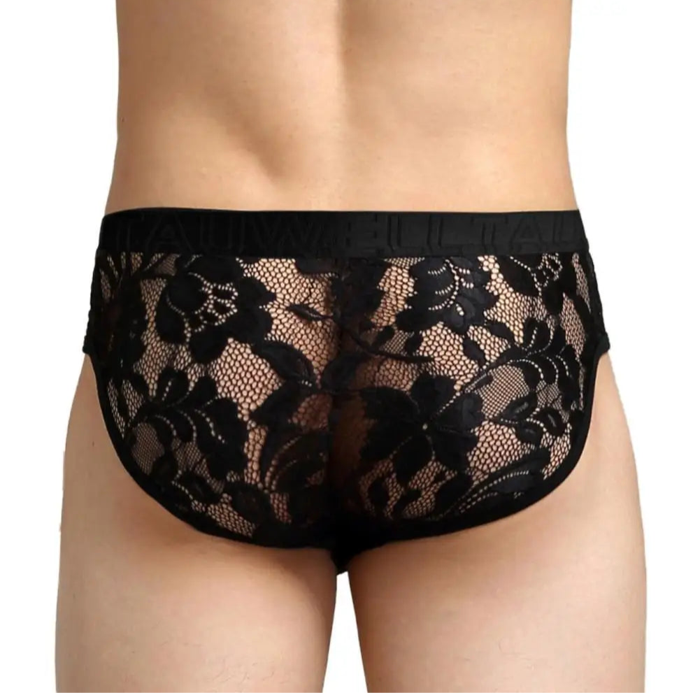 a sexy man in black Men’s Lace Peek-a-Boo Briefs - pridevoyageshop.com - gay men’s thongs, boxers, briefs and jockstraps